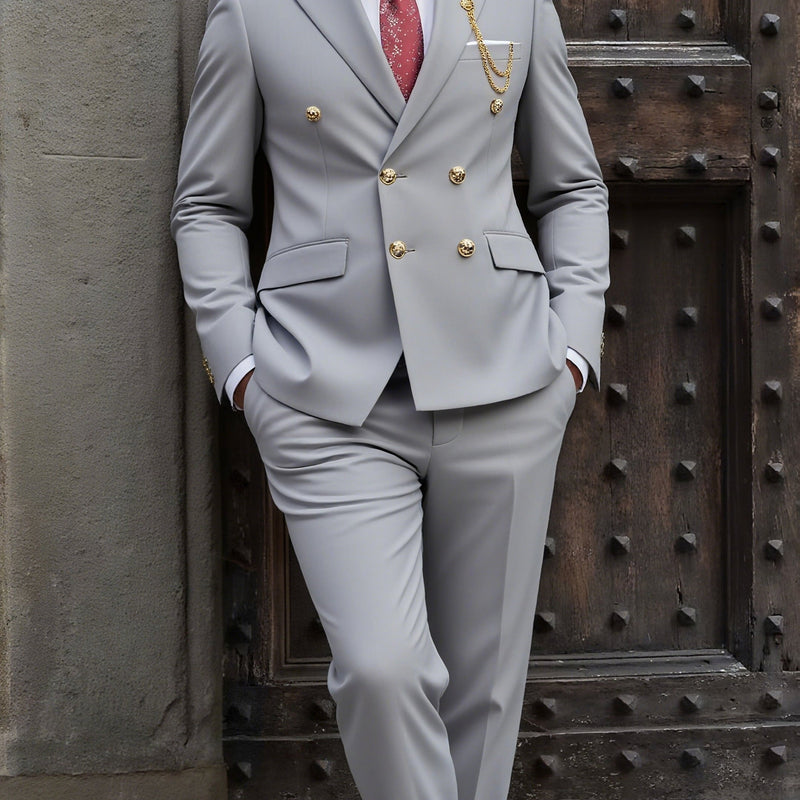 Men's 2pcs Suit, Double-Breasted Notch Lapel Solid Color Blazer and Pants Set.