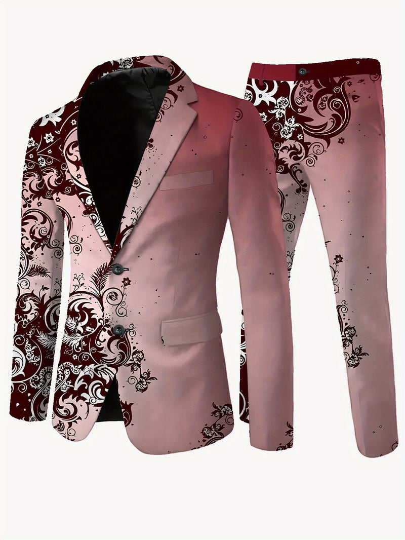 Men'S Suit Set, Featuring a Classic Deep Red Gradient Floral Pattern.