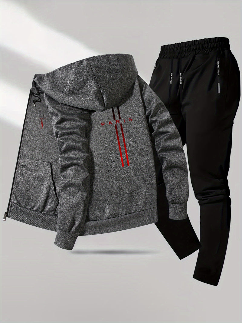 Men's 2pcs Slim-Fit Winter Jacket & Pants Suit with Paris Lettering.