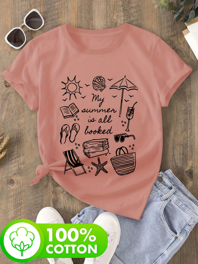 Women's Casual T-Shirt - Beach & Book Lovers Graphic Print.