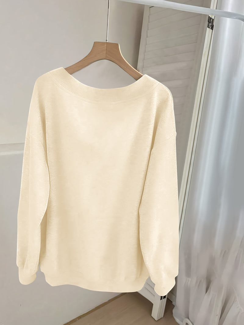 Women's Pink V-Neck Long Sleeve Sweater with German Letter Print.
