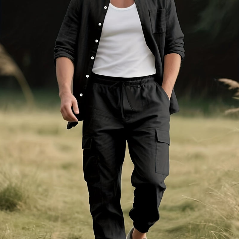 Men's Solid Color -Linen Suit, a Two-Piece Set for Sporty Comfort.