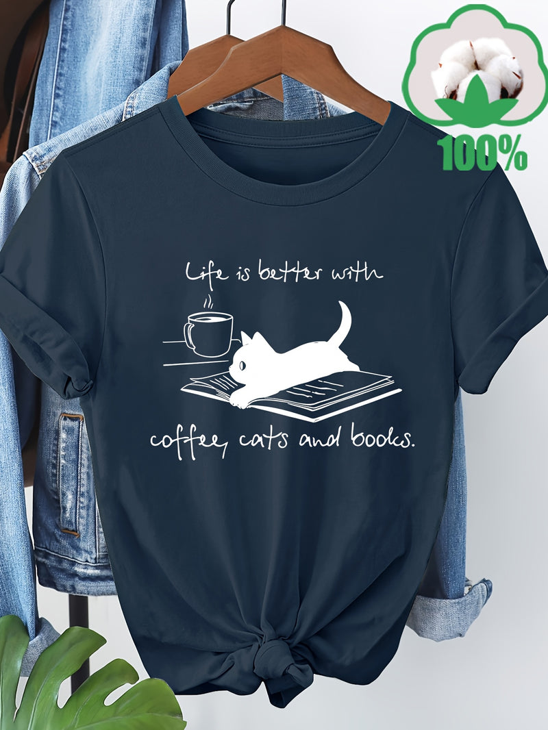 Women’s T-Shirt with a Coffee, Cat, And Book Pattern.