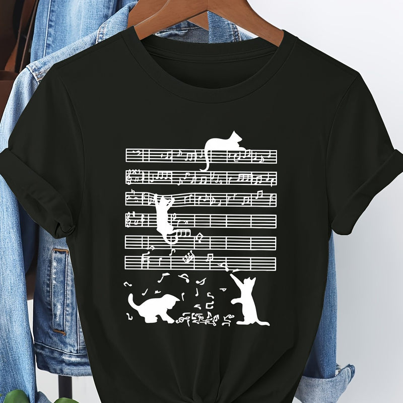 Women's Casual Short Sleeve T-Shirt with Music Note & Cat Print.