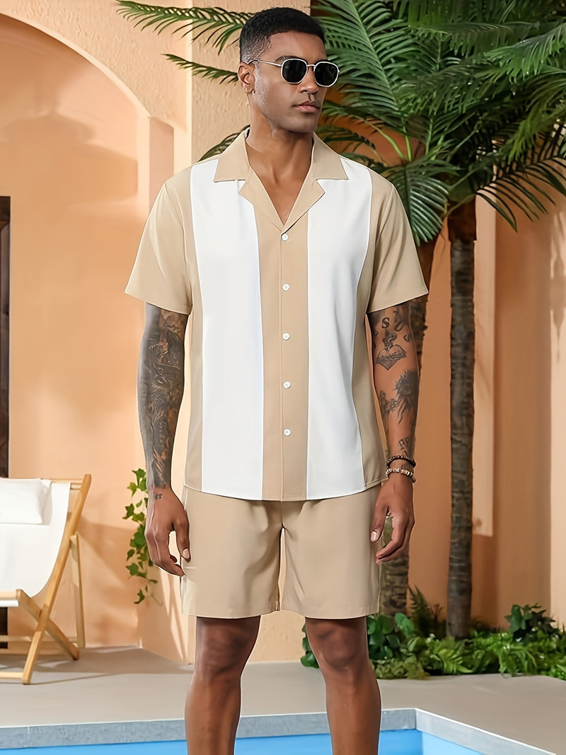 Men's Casual Khaki & White Striped Cuban Collar Shirt and Shorts Set.