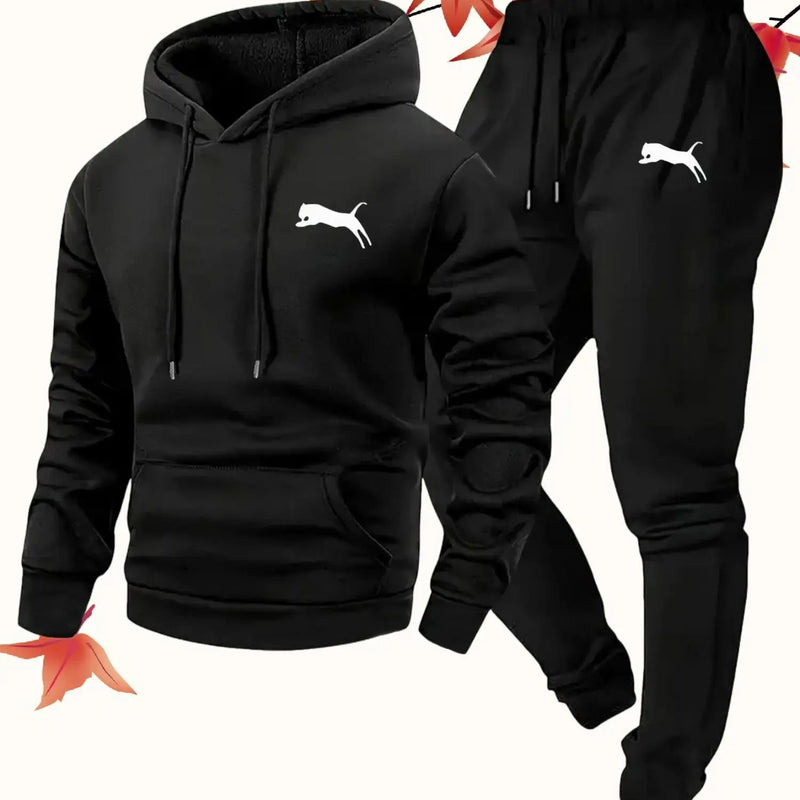 Fashion Versatile Warm 250gsm Hooded Sweatshirt + Pants Two-Piece Set for Men.