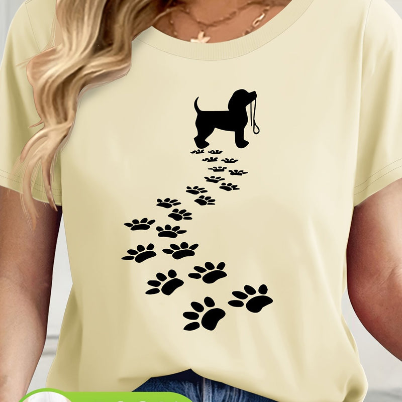 Women's Casual Short Sleeve T-Shirt with Dog Silhouette & Paw Print Graphic.