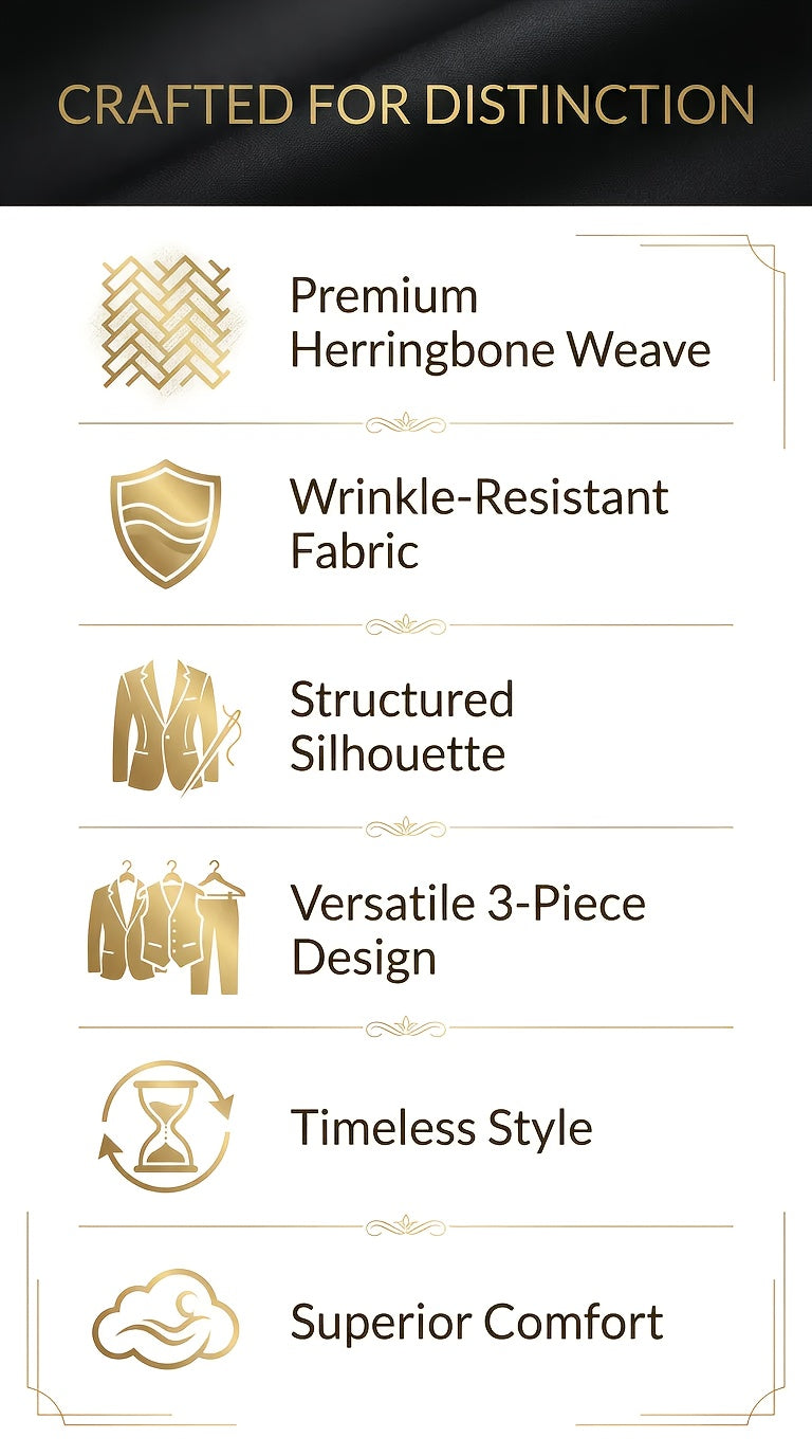 Men's Three-Piece Suit Made of Blended Herringbone Fabric.