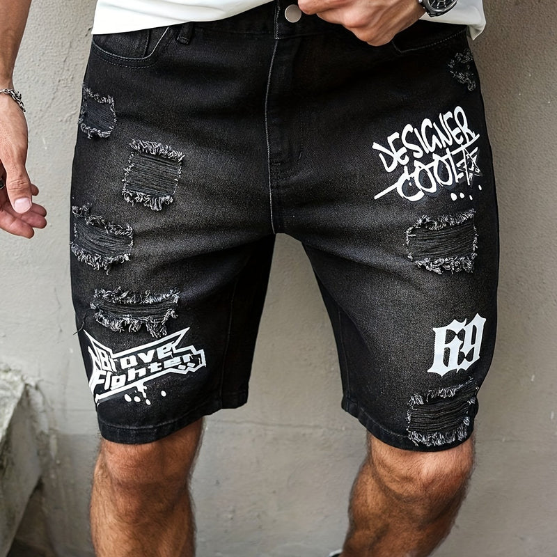 Men'S Casual Distressed Denim Shorts with "DESIGNER COOL" Print - Black & Gray.