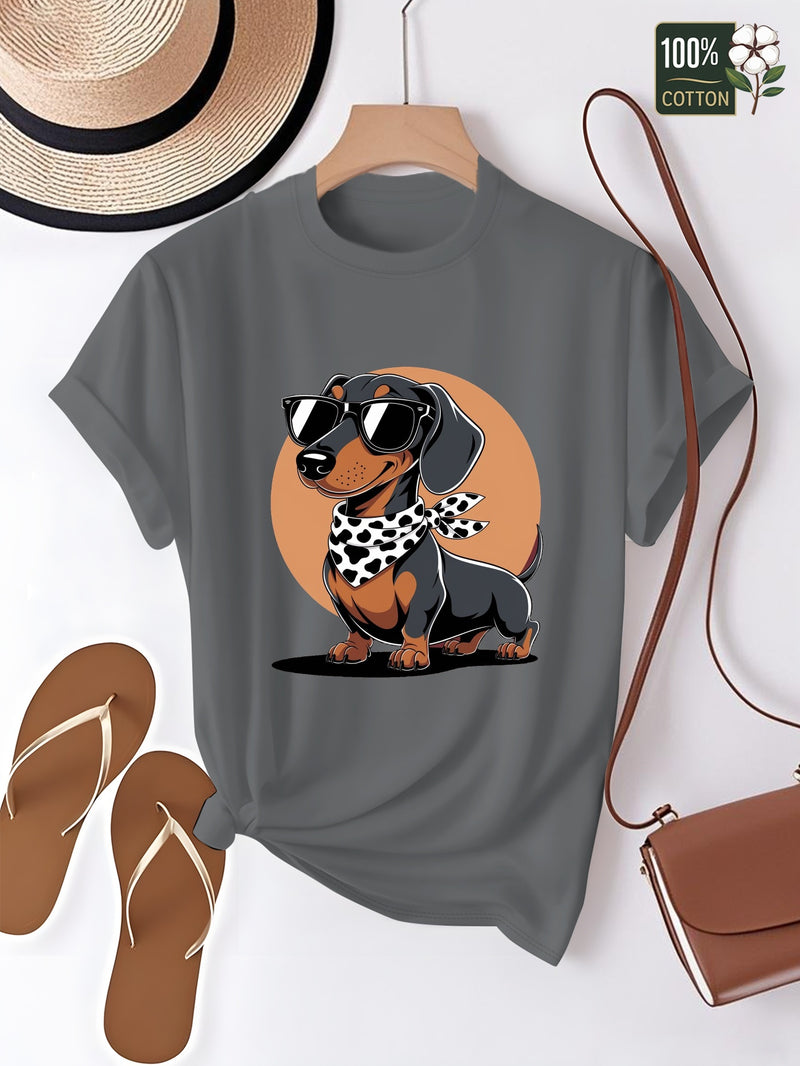 Women's T-Shirt Featuring a Cartoon Dachshund Wearing Glasses.