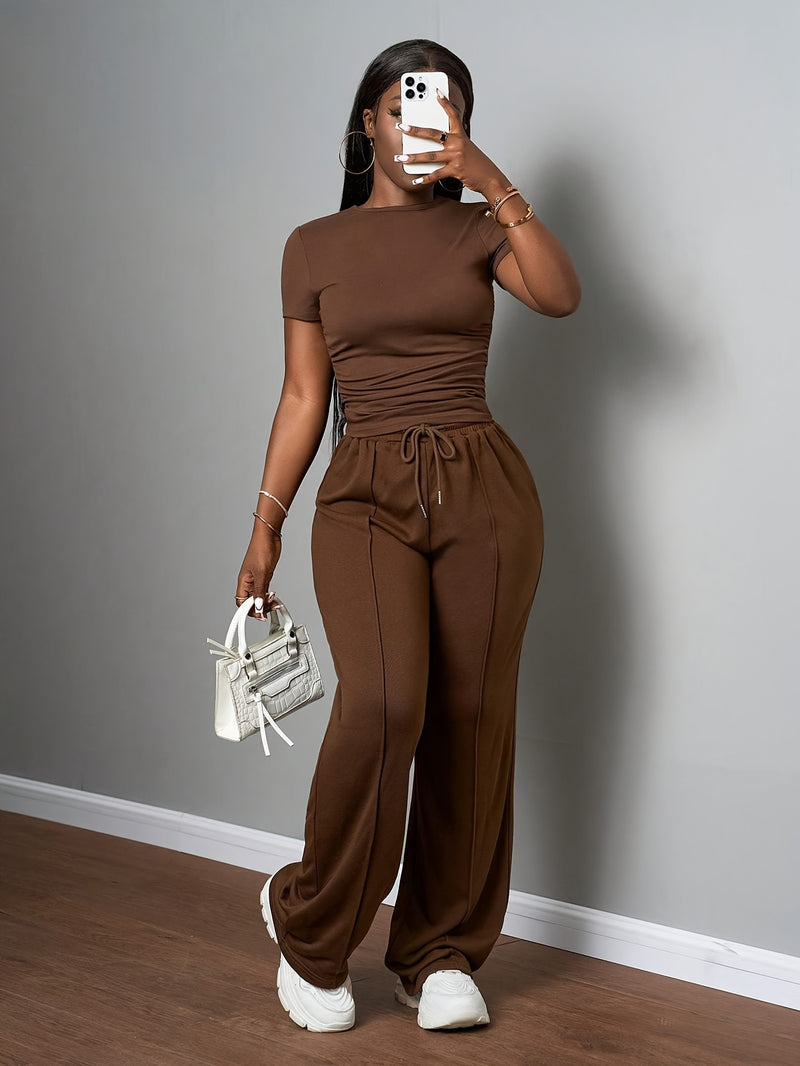 Women's Fashion Slimming Drawstring Wide Leg Pants Set.