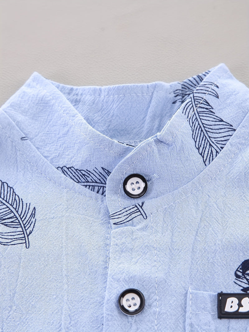 2pcs Boys' Casual Feather Shirt and Shorts Set Vibrant Yellow with Blue Accents.