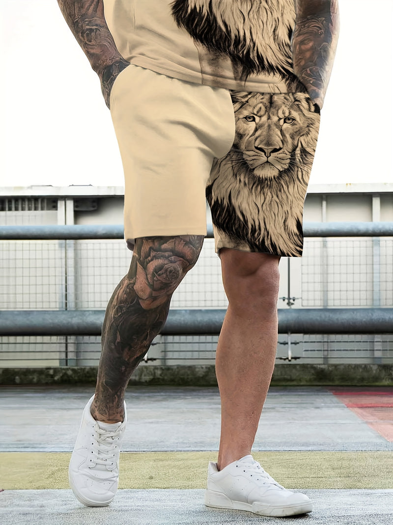Men's Casual Summer Fitness Outfit, Featuring a Lion Graphic T-Shirt.