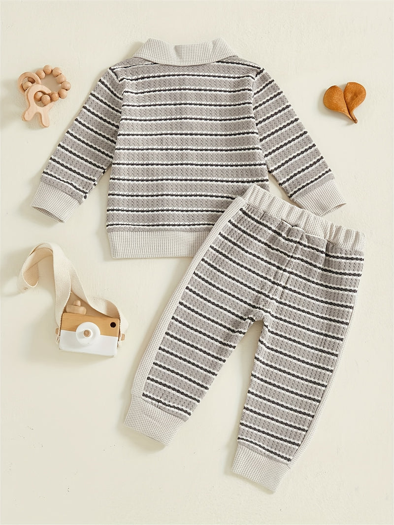 Toddler Boys Waffle Stripe Lapel Collar Sports Set.