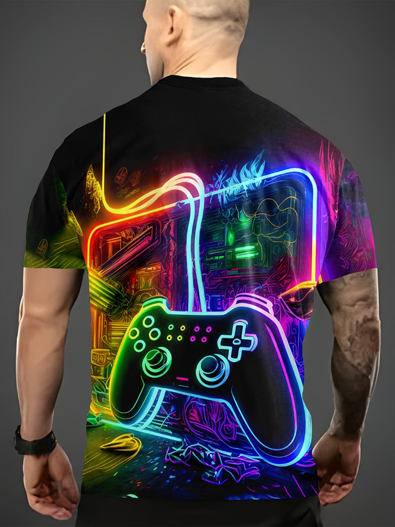 Men's Gaming Graphic T-Shirt - 3D Printed Neon Game Controller Design.
