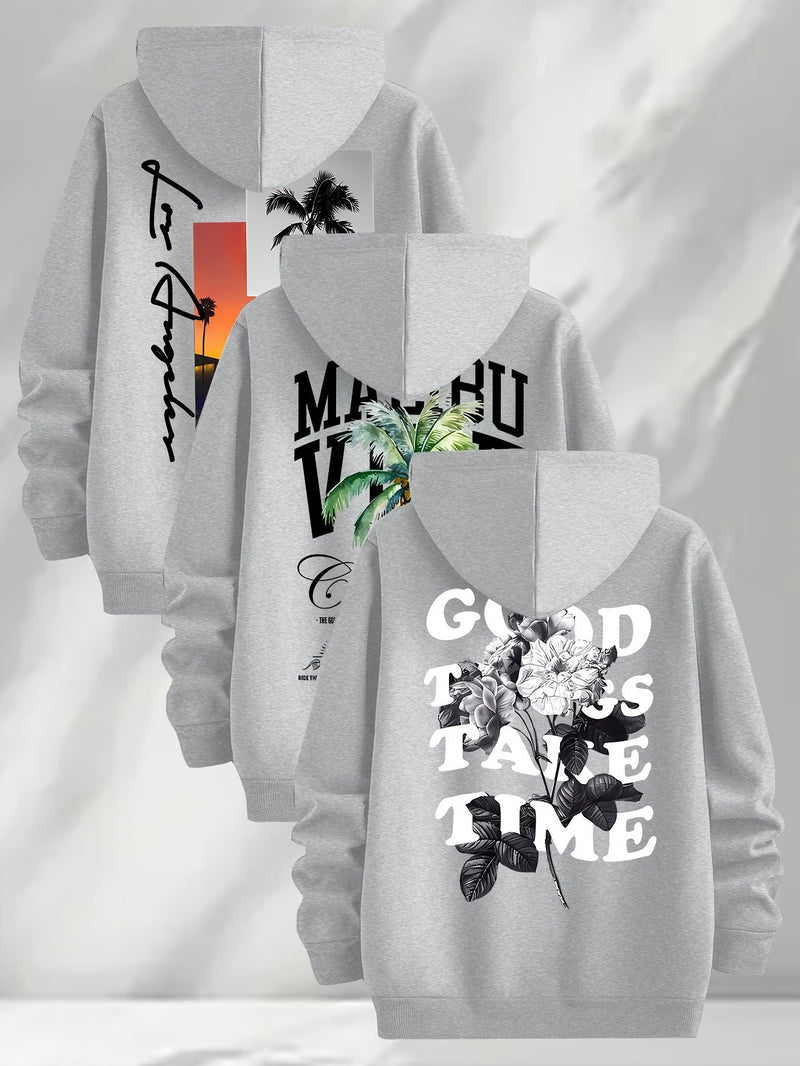 3pcs Trendy Print Sweatshirt, Men's Casual Hooded Sweatshirt.