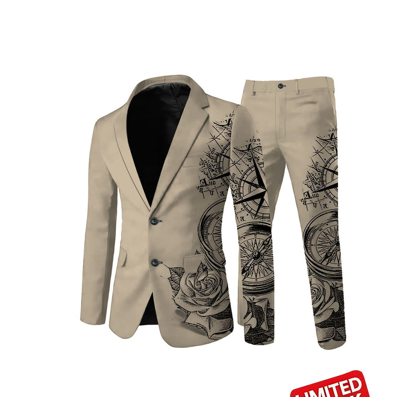 Men's Suit Set: Printed Business Suit Jacket and Trousers 2pcs Set.
