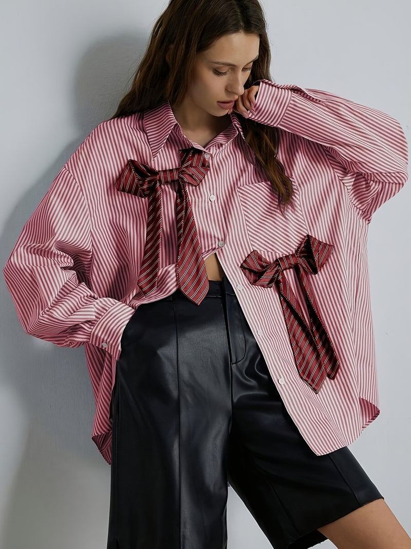 Women's Striped Button- Shirt with Collar & Bow Accent.