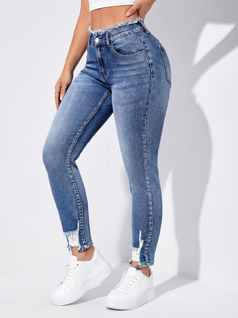 Women's Ripped Skinny Jeans with Frayed Edges.
