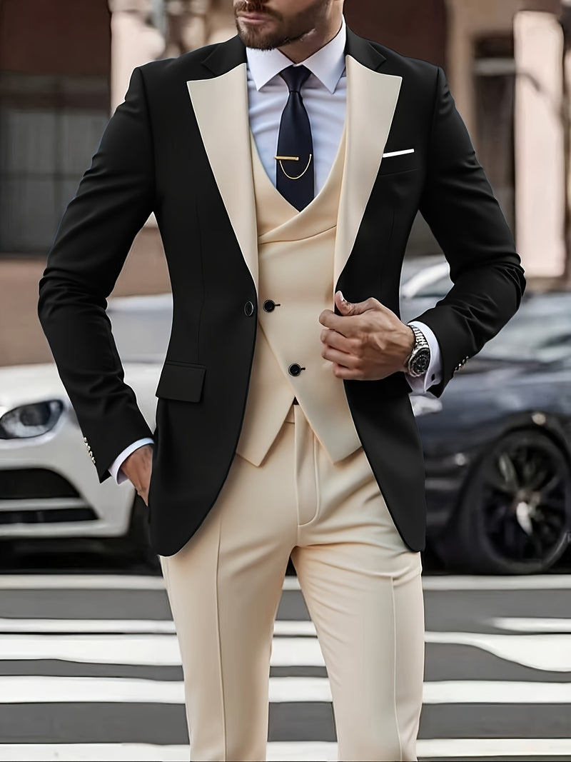 Men's 3pcs Suit Set, Blazer + Vest + Trousers.