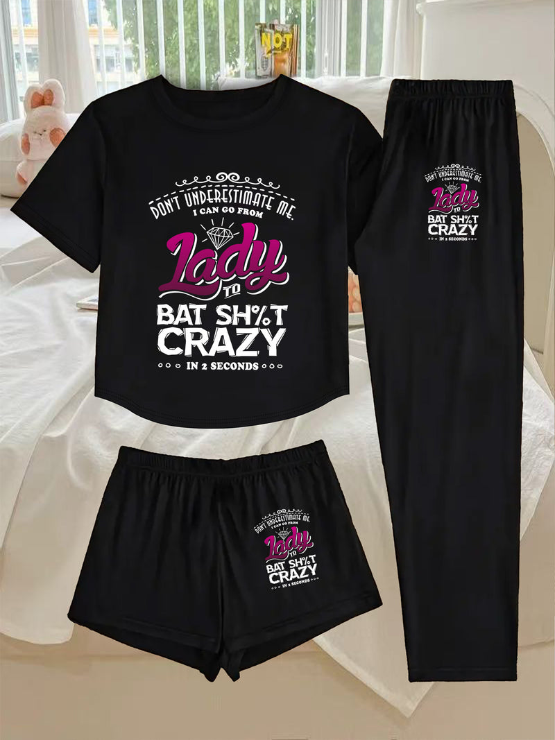 A Three-Piece Women's Loungewear Set, Featuring a Printed Design.