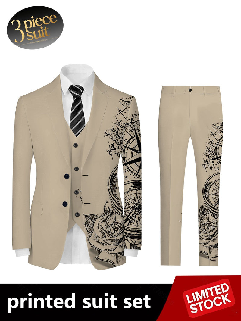 Men'S Digital Print Fashionable Suit Jacket + Vest + Trousers Three-Piece Set.
