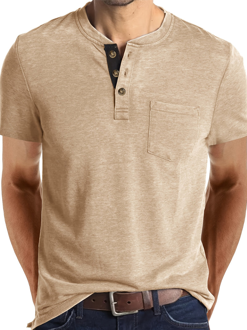 Men's Henley Round Neck Short Sleeve T-Shirt.