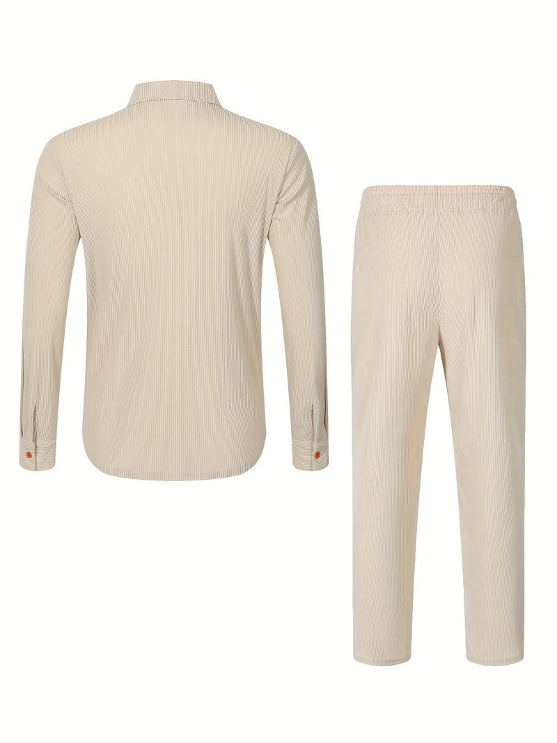 Men'S Casual Two-Piece Set - Olive Green Corduroy  Shirt & Pants.