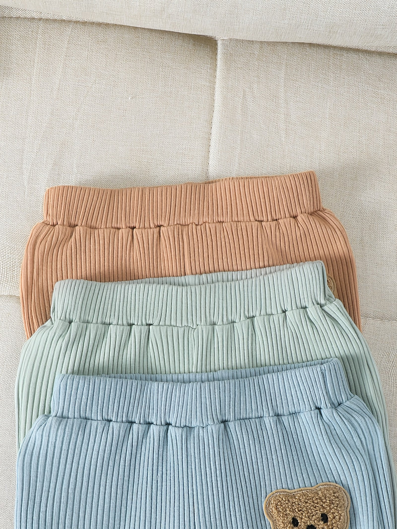 3pcs Boys' Solid Color Cotton Ribbed Knit Bear Patch Stretch Waist Pants/Leggings.