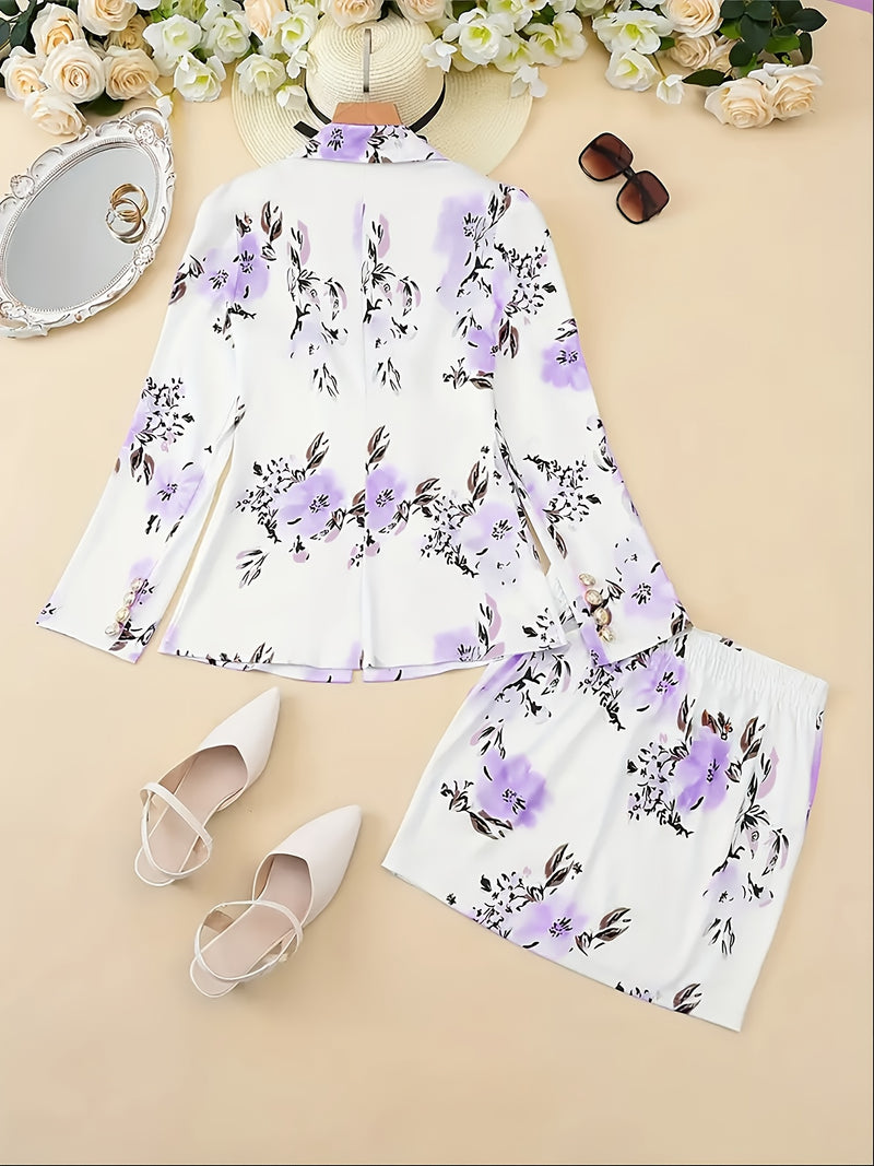Women's Elegant Floral Print Blazer & Skirt Set.