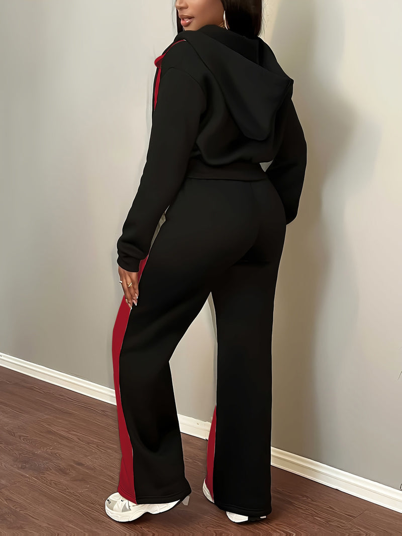 Women’s Fashion Color Block Hooded Sweatshirt and Pants Set.