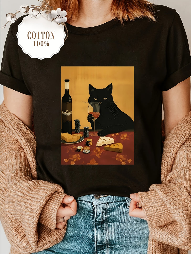 Women’s T-shirt Female Drinking and Eating Cheese Cat Pattern.