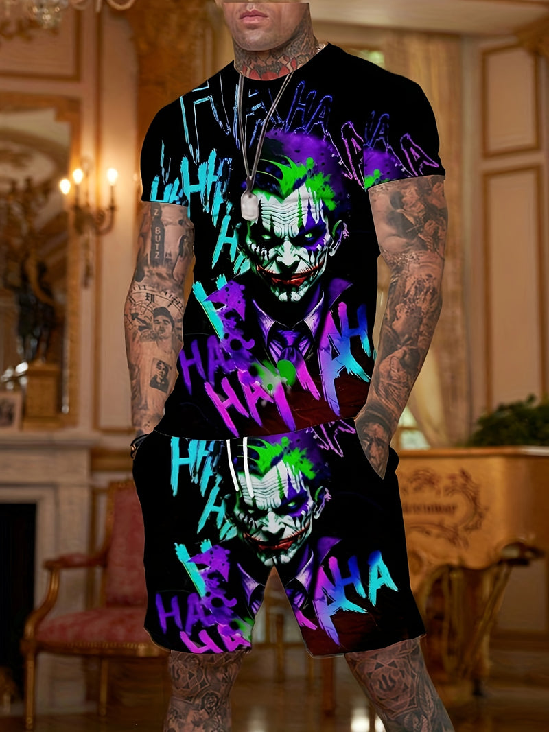 Digital printed clown summer pattern print Men's casual two-piece set.