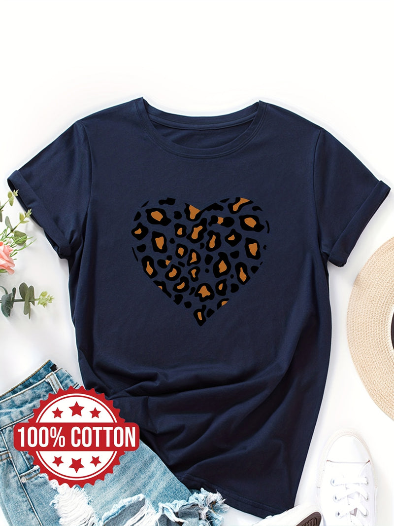 Women's "Leopard-print Heart" Graphic Print T-Shirt.