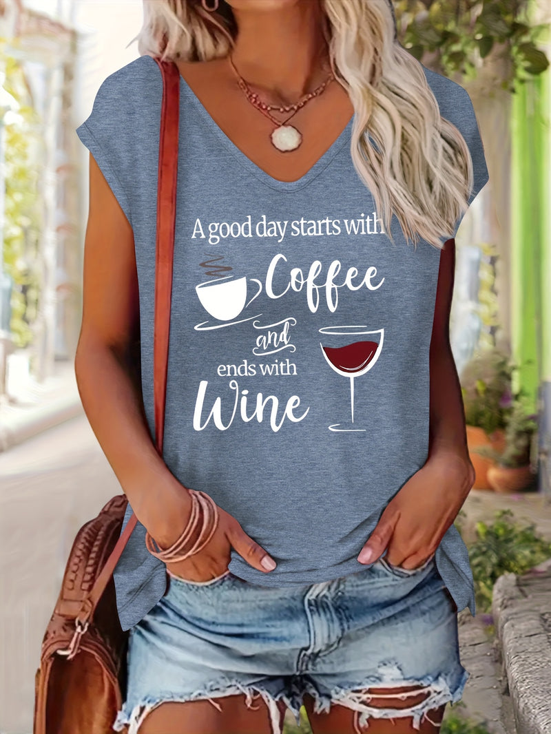 Women’s Comfortable V-Neck Short-Sleeve T-Shirt Features a Print.