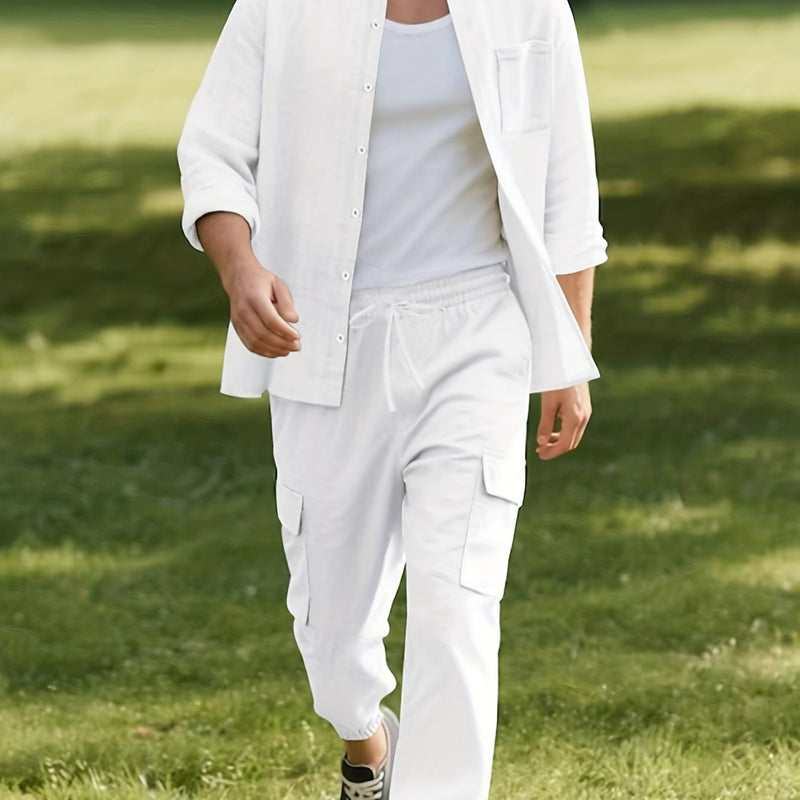 Men's Solid Color -Linen Suit, a Two-Piece Set for Sporty Comfort.