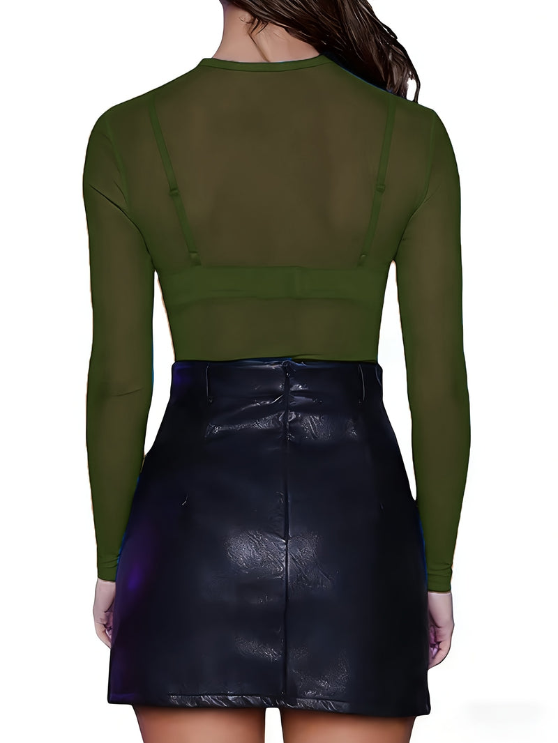 Women's Mesh Solid Color Sheer Sexy Stretchy Bodycon Thin Long-Sleeve Top.