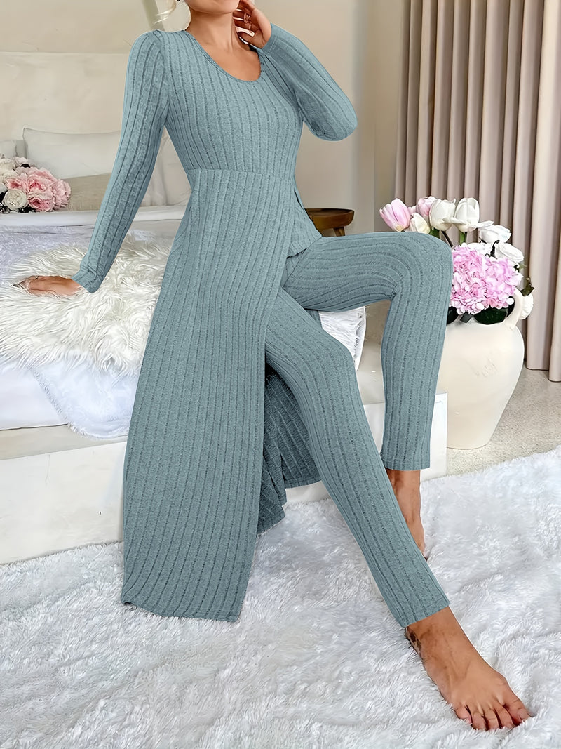 2pcs Women's Designer Round Neck Split Long Sleeve Top and Pants.