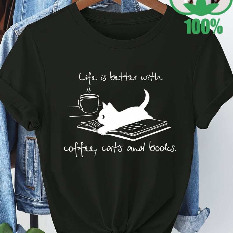 Women’s T-Shirt with a Coffee, Cat, And Book Pattern.