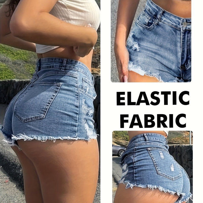 Women's High-Waisted Stretch Sexy Ripped  Denim Shorts.