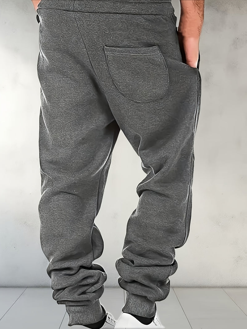 Men's Solid Color Loose Sports Pants, Micro Elastic Warm Thick Casual Pants.