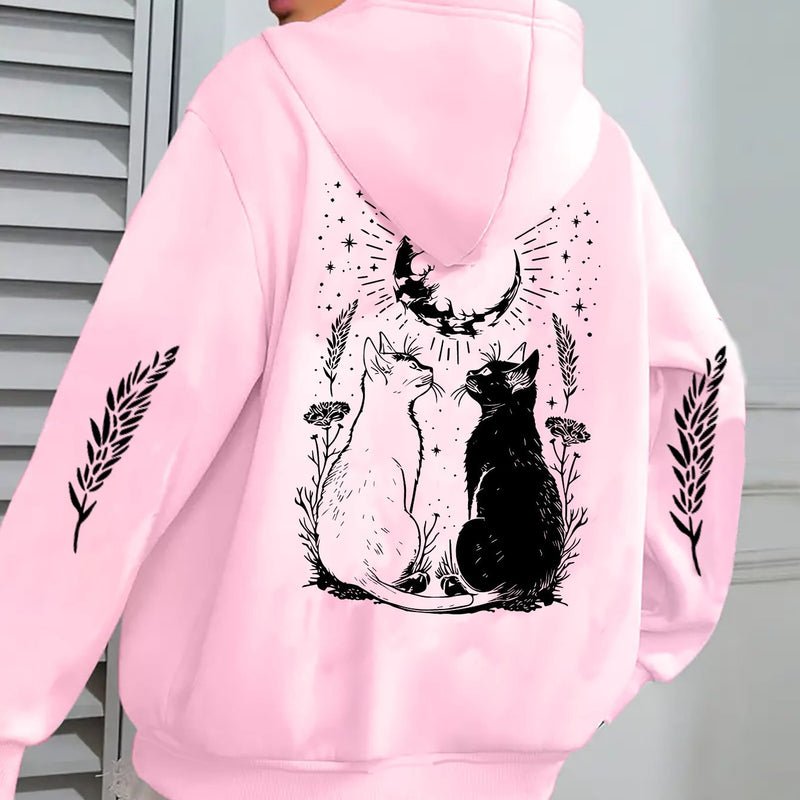 Cat Print Casual Zip-up Hoodie with Pockets.