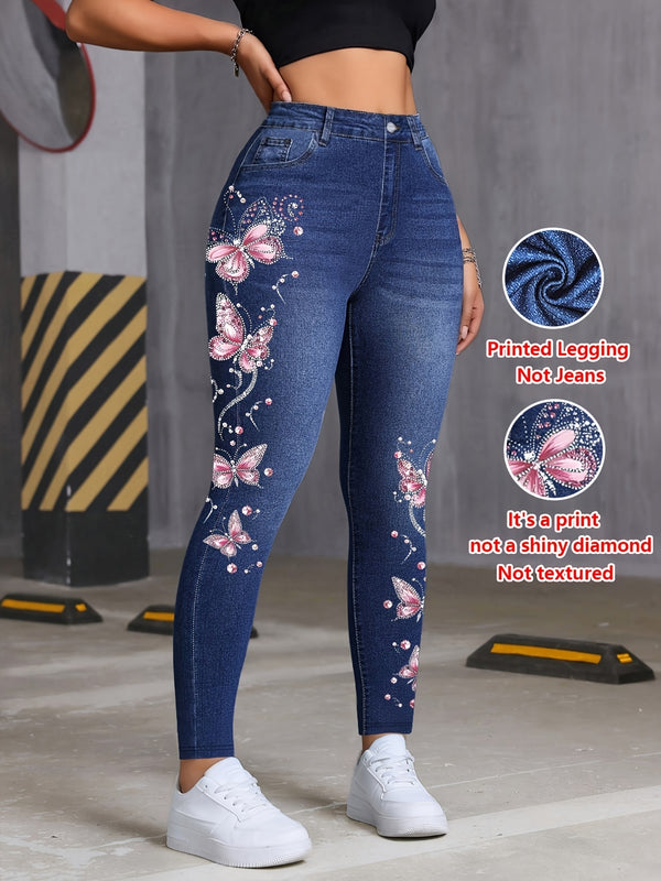 Women's Imitation Denim Leggings, Four Seasons Style, Jeans Print.