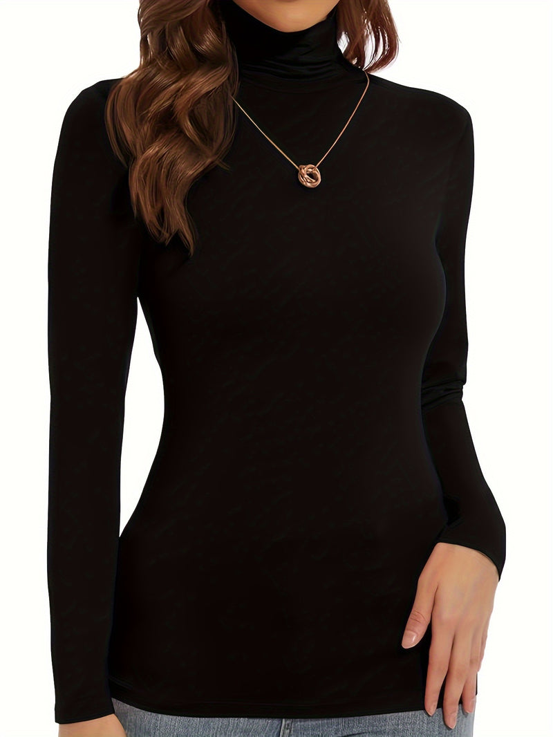 Women's High Collar T-Shirt Autumn And Winter Fleece Lining Warm Long-Sleeved.
