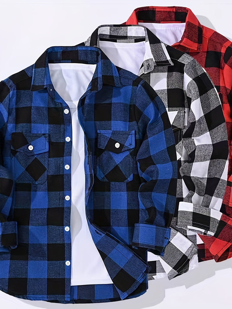 3pcs Men's Plaid Shirt Top with Turn- Collar Long Sleeve Button-Up.