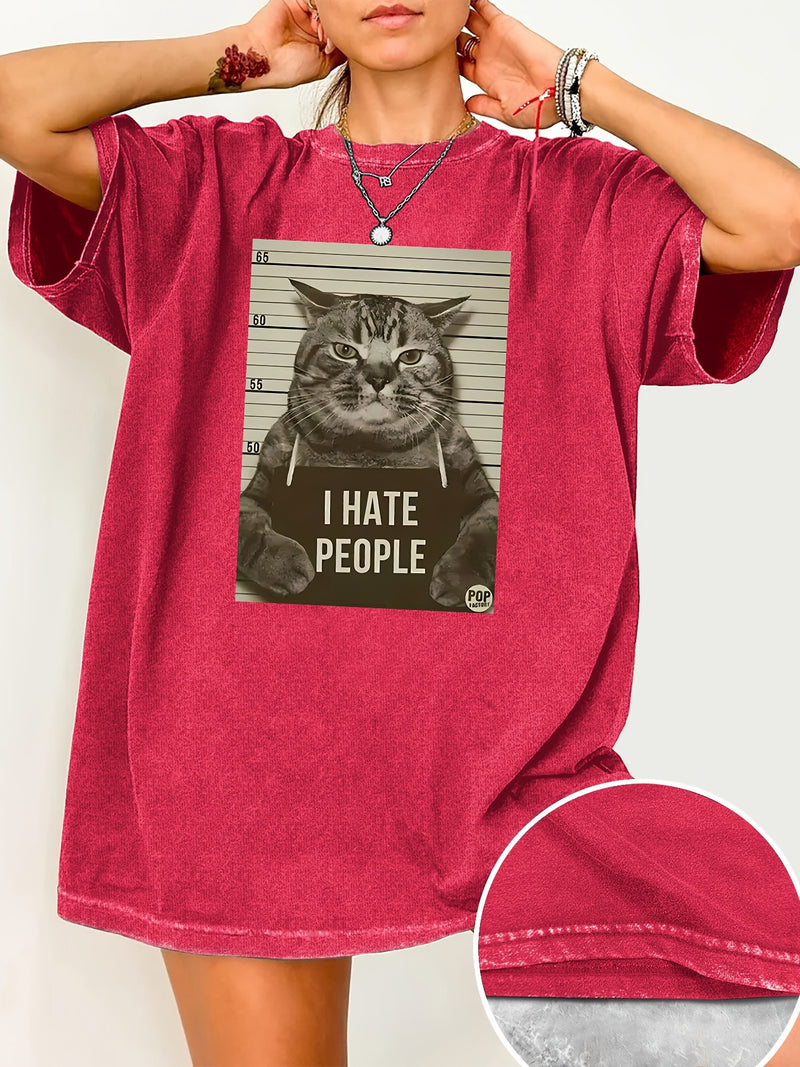 Cat Print Loose Round Neck Fashion Women's Wash Short Sleeve.