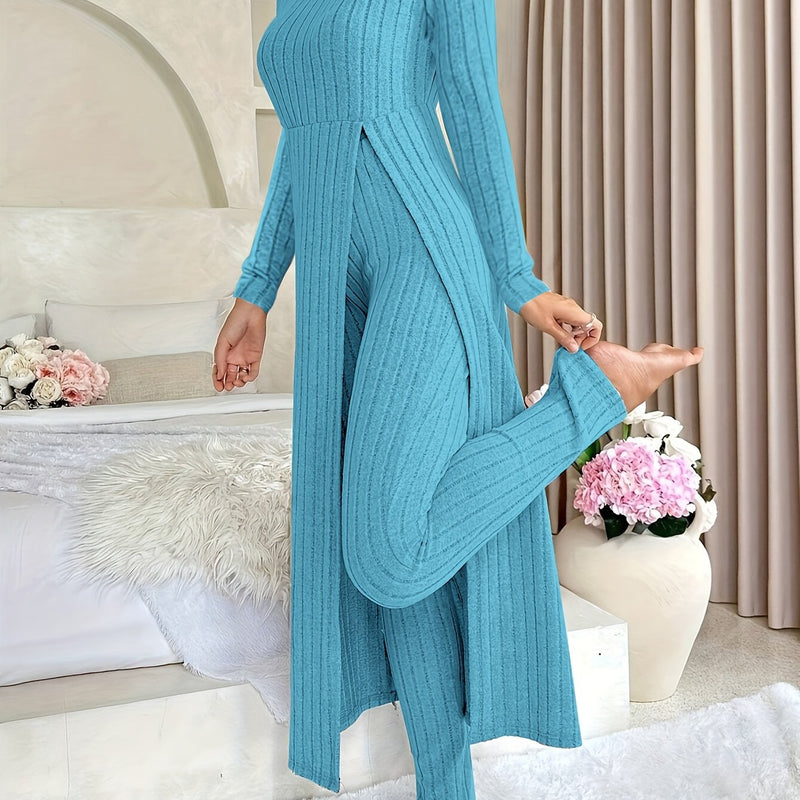 2pcs Women's Designer Round Neck Split Long Sleeve Top and Pants.