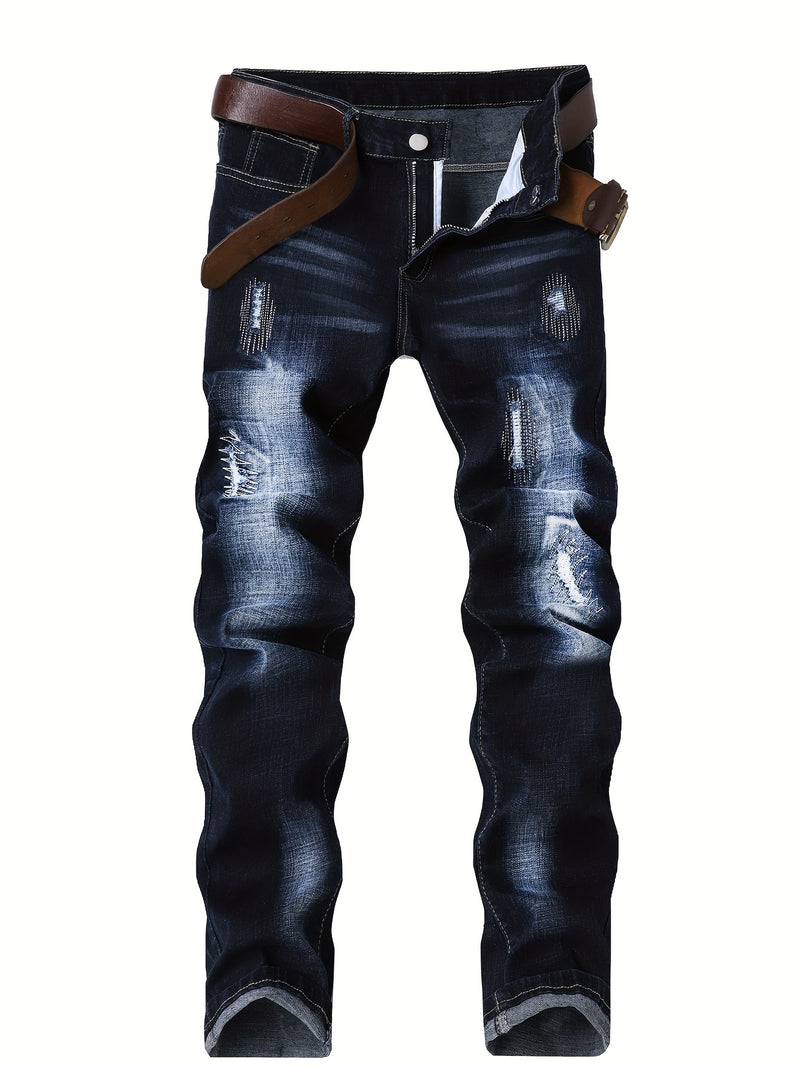 Men's Slim-Fit Stretch Denim Jeans in Dark Blue, Suitable for All Seasons.