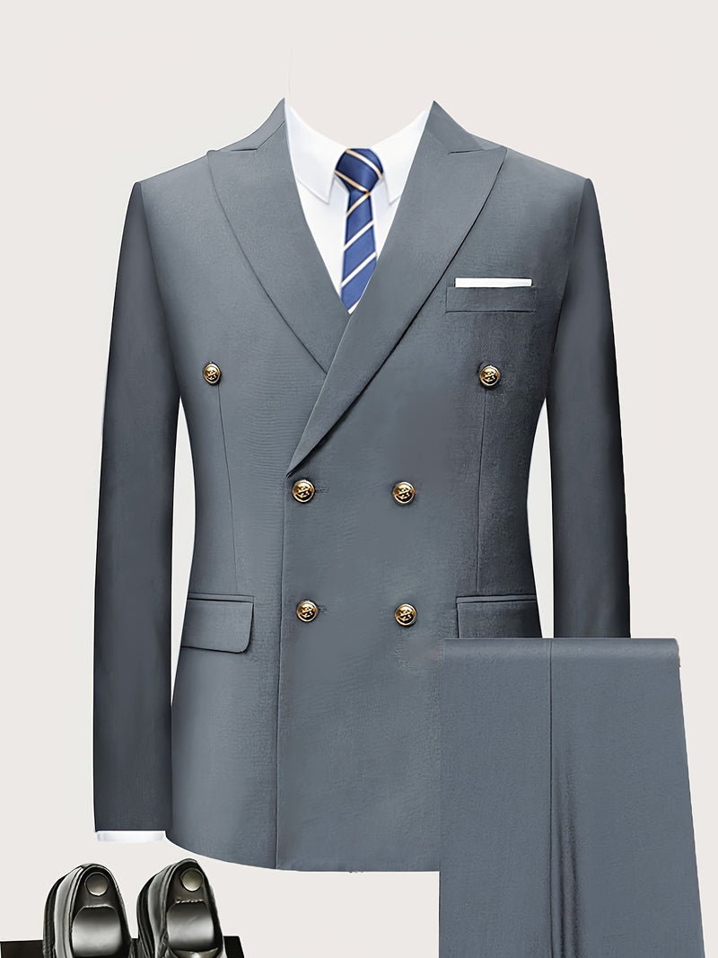 Men's 2pcs Suit, Double-Breasted Notch Lapel Solid Color Blazer and Pants Set.