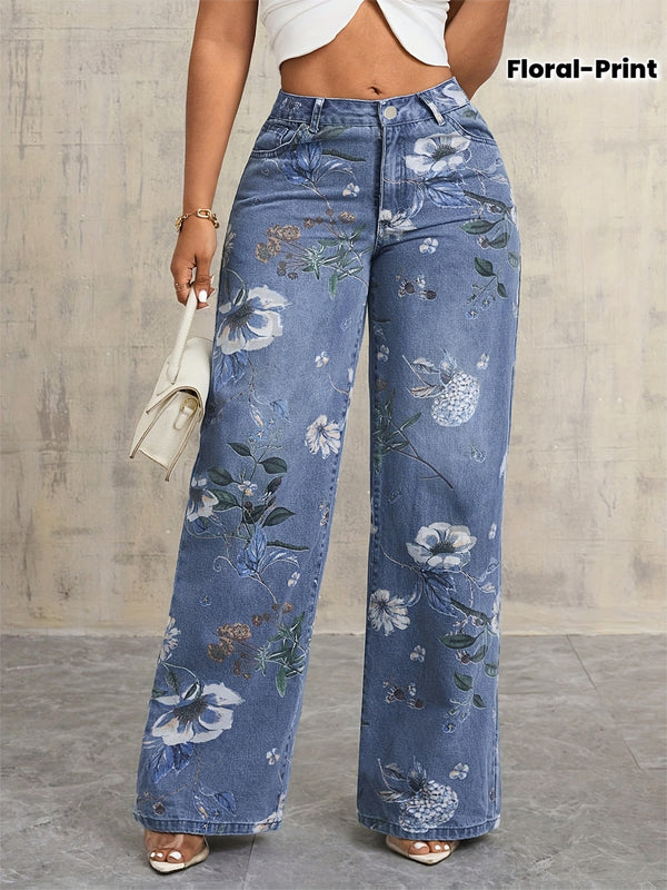 Vintage Floral Print Wide-leg Jeans for Women.